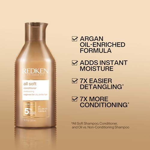 Redken All Soft Conditioner | Deeply Conditions and Hydrates | Softens, Smooths, and Adds Shine | Safe for Color-Treated Hair | Nourishing Shampoo for Dry Hair | With Argan Oil