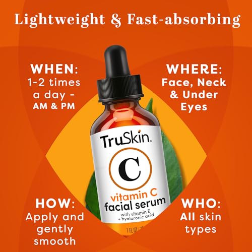 TruSkin Vitamin C Face Serum – Anti Aging Face & Eye Serum with Vitamin C, Hyaluronic Acid, Vitamin E – Brightening Serum for Dark Spots, Even Skin Tone, Eye Area, Fine Lines & Wrinkles, 1 Fl Oz